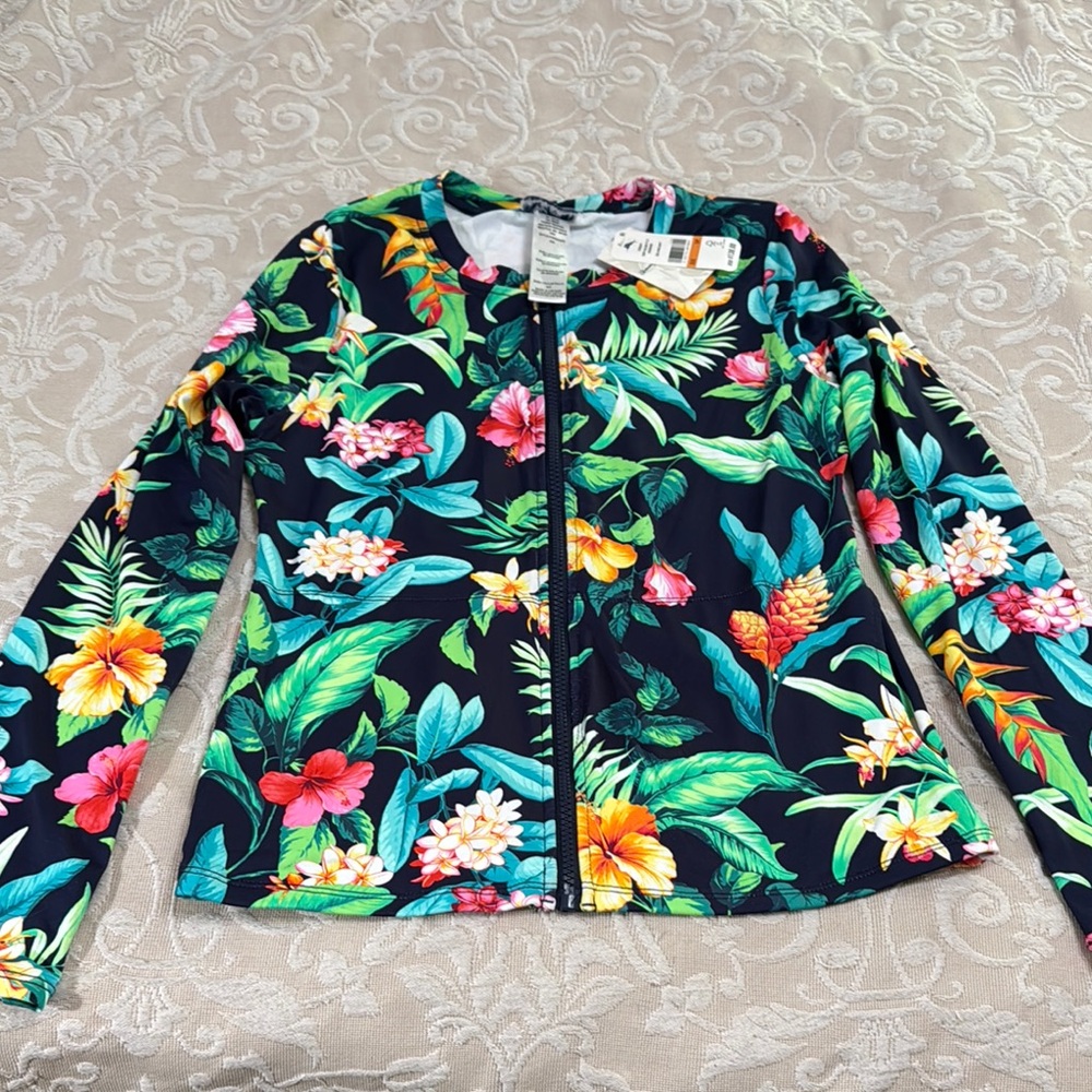 Tommy Bahama zip up Black jacket / suit cover up with Tropical Floral Design